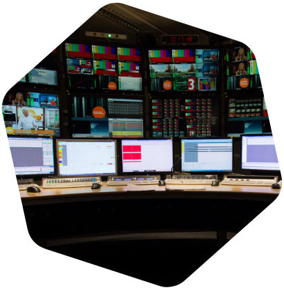 A wall of monitors in the Network Operations Center